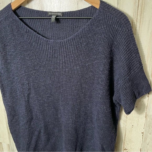 Eileen Fisher Navy Blue Short Sleeve Knit Top Linen Blend Womens Small - Picture 2 of 5